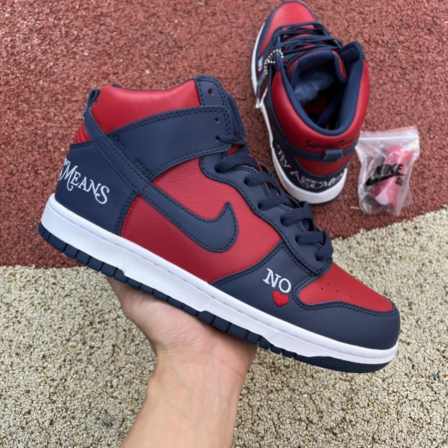 Supreme x Dunk High SB 'By Any Means - Red Navy' - SneakerCool.com